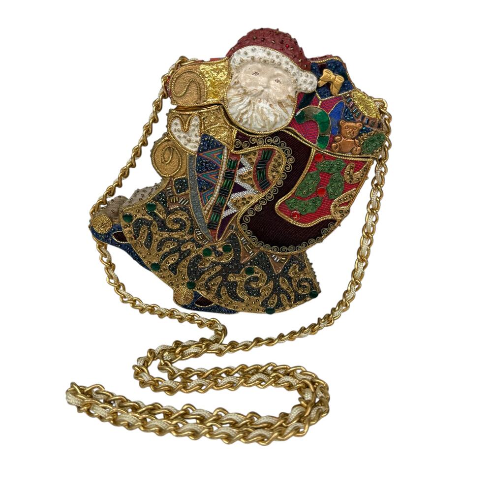 Mary Frances Santa Claus Beaded Velvet Wood Box Chain Holiday Purse Embellished